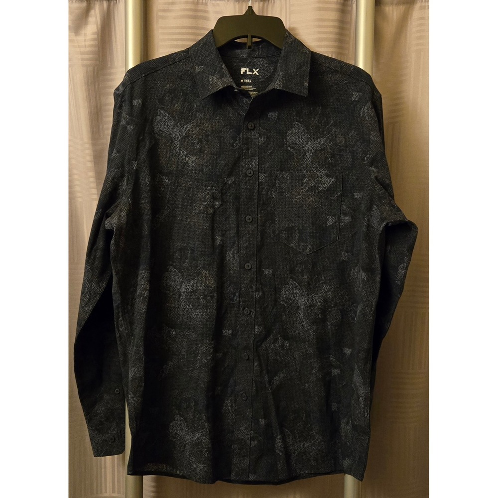 FLX Mens Performance Button Down Shirt Medium Tall M Grey Floral Stretch NWT